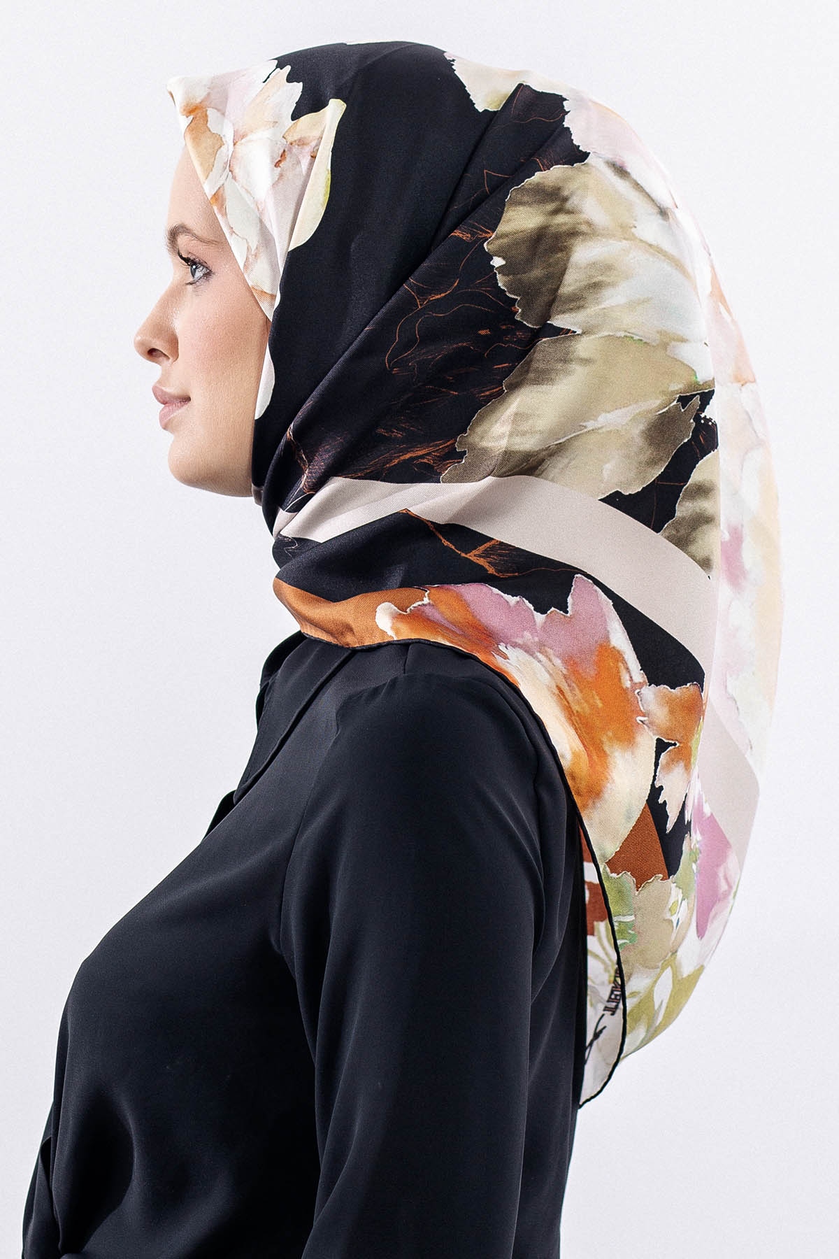 12511 İpek Eşarp Tvıl Dokuma 90*90 - Siyah_krem - 2