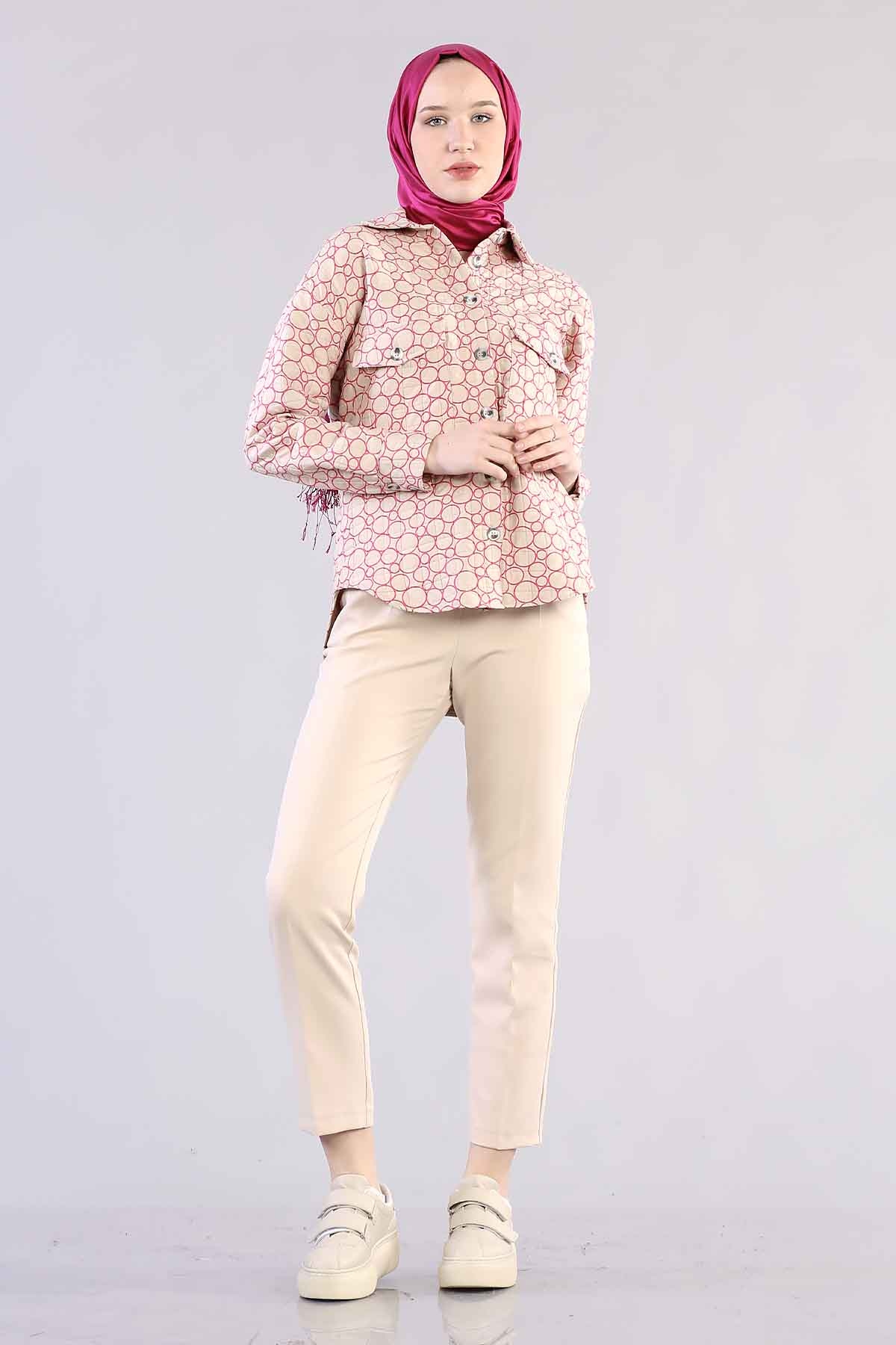 1298 Kapitone Gömlek 38-44 - Krem_pembe - 1
