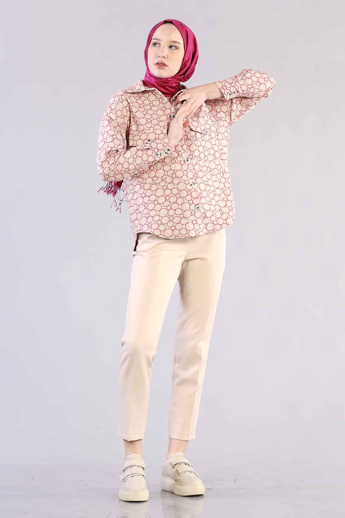1298 Kapitone Gömlek 38-44 - Krem_pembe - 2