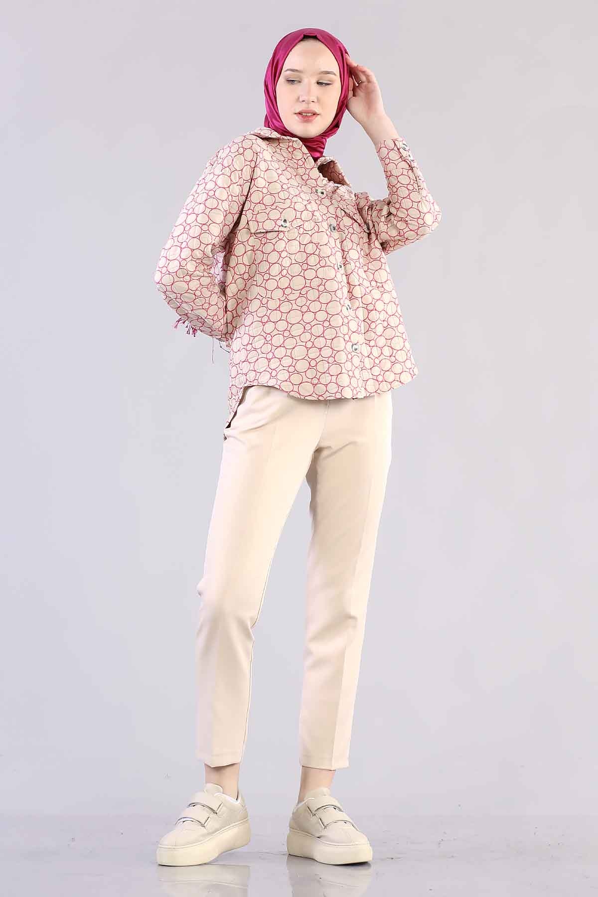 1298 Kapitone Gömlek 38-44 - Krem_pembe - 3
