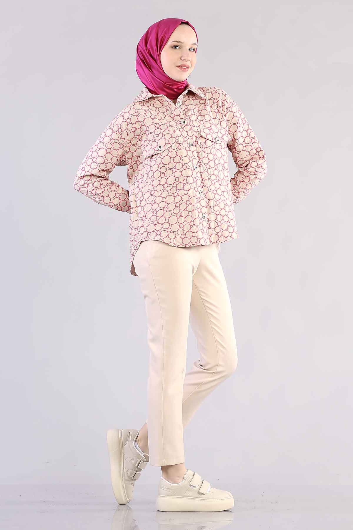 1298 Kapitone Gömlek 38-44 - Krem_pembe - 4