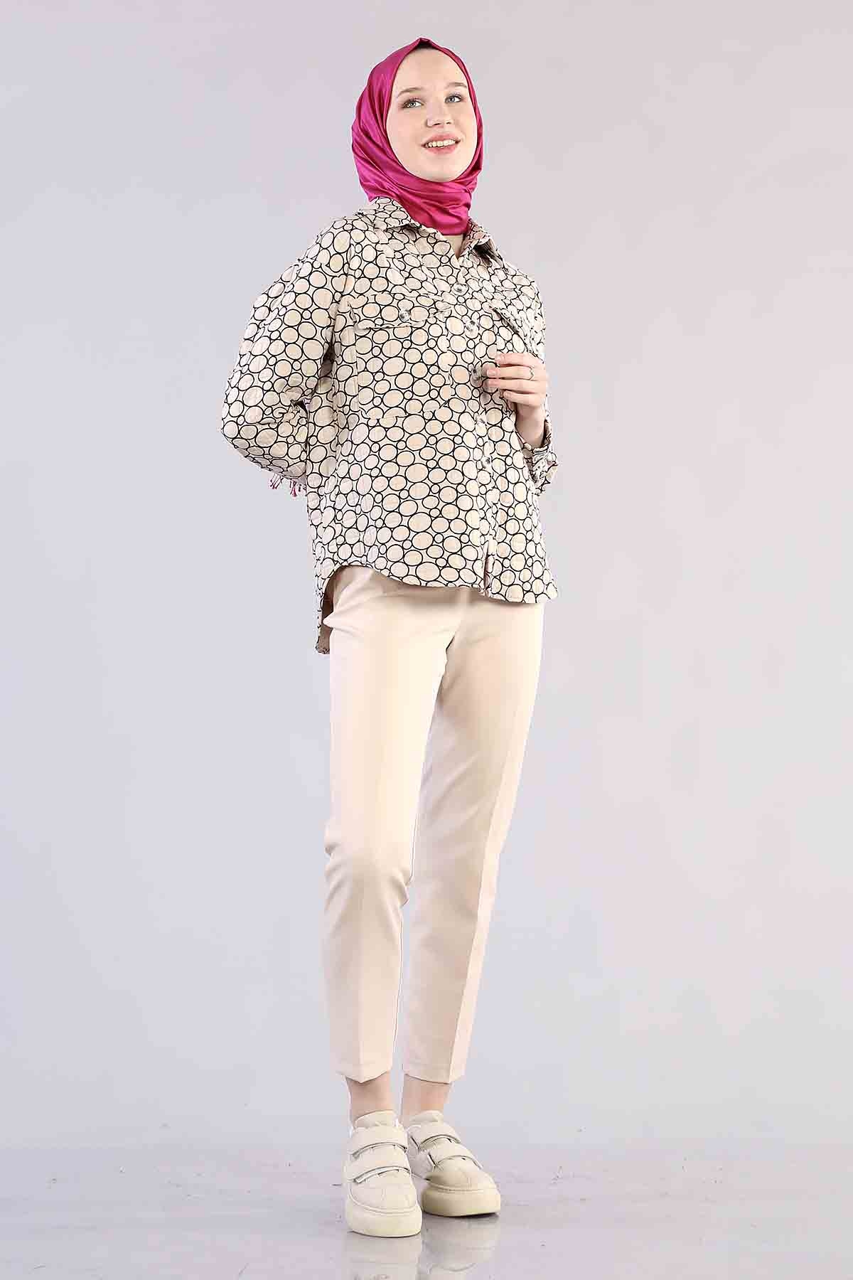 1298 Kapitone Gömlek 38-44 - Krem_siyah - 1