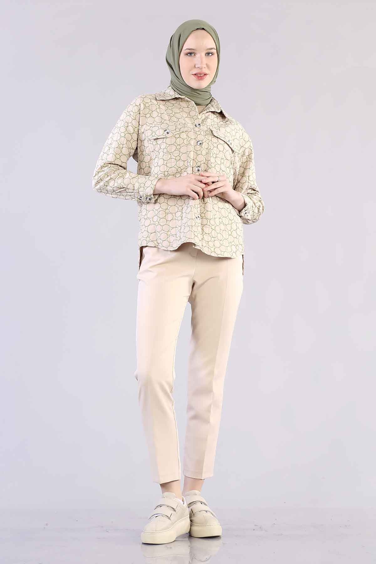 1298 Kapitone Gömlek 38-44 - Krem_yesil - 1