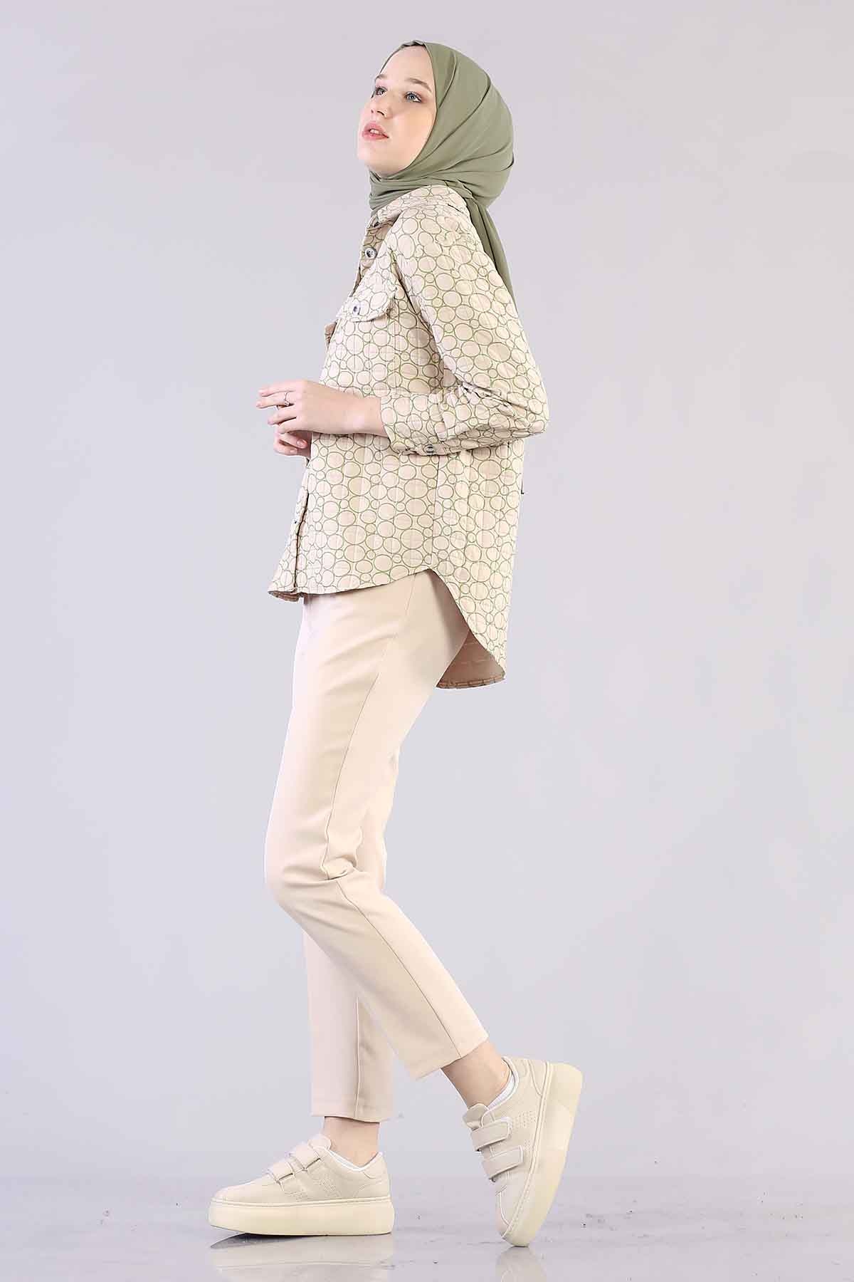 1298 Kapitone Gömlek 38-44 - Krem_yesil - 2