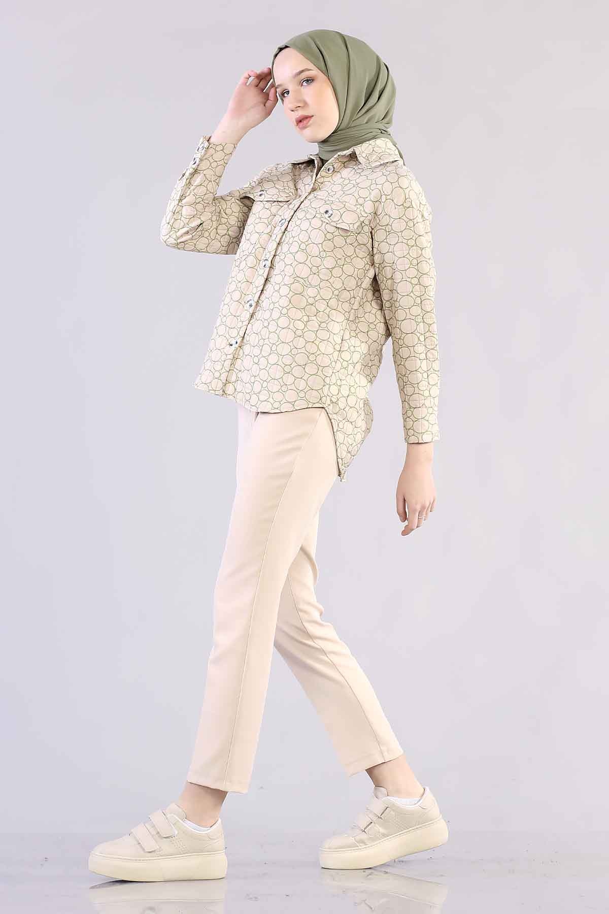 1298 Kapitone Gömlek 38-44 - Krem_yesil - 3