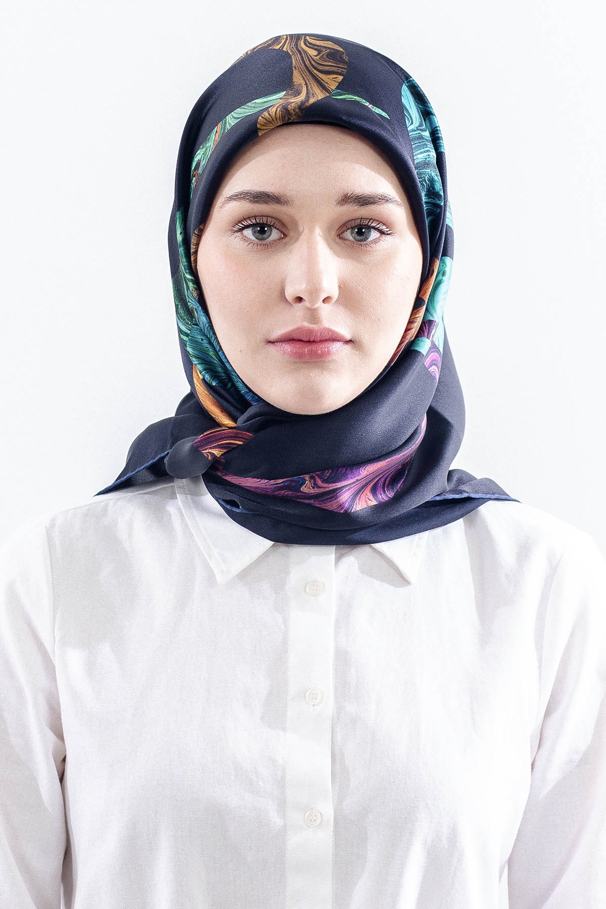 157 İpek Eşarp Vav Desen Sura Kumas - Lacivert - 1