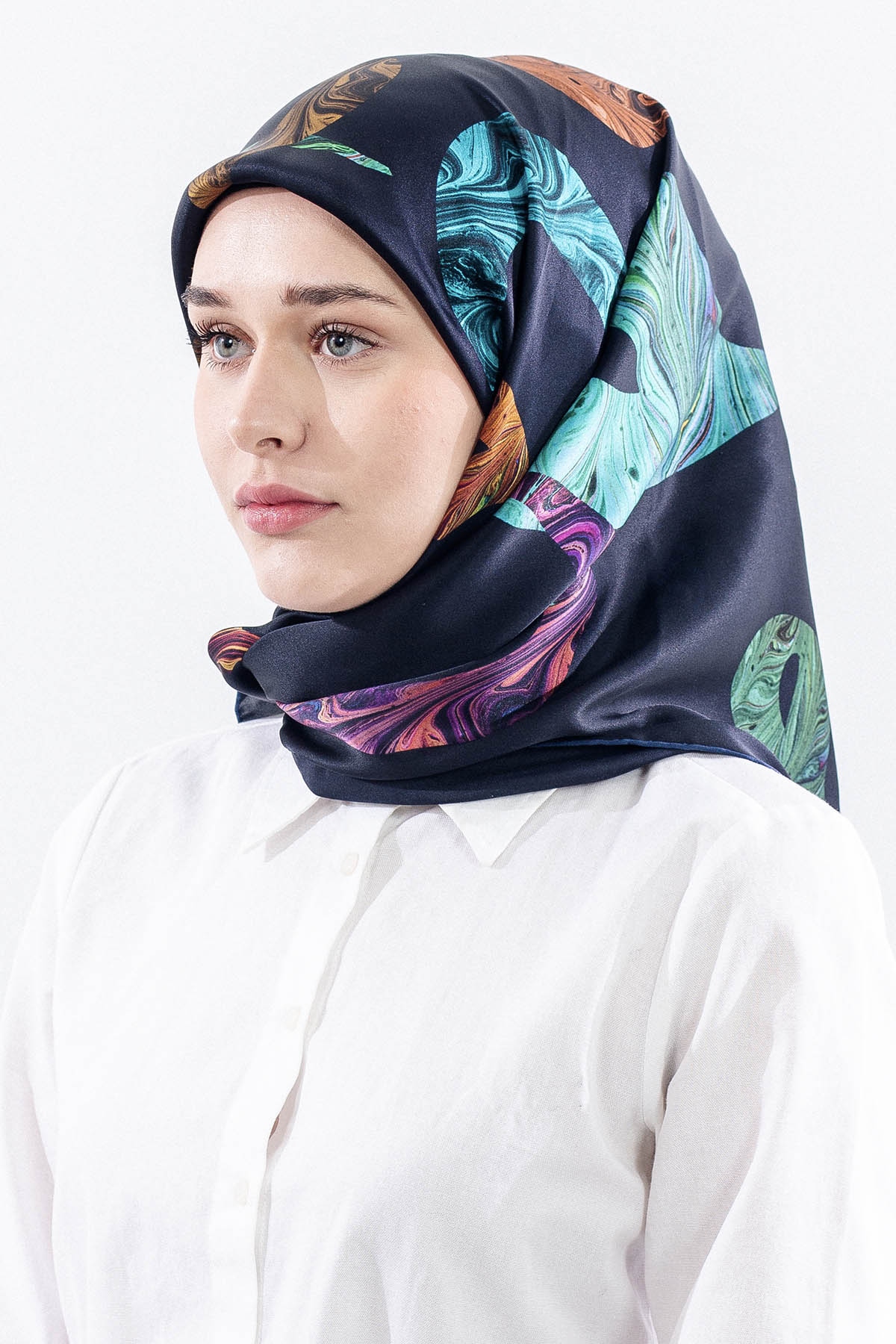 157 İpek Eşarp Vav Desen Sura Kumas - Lacivert - 2