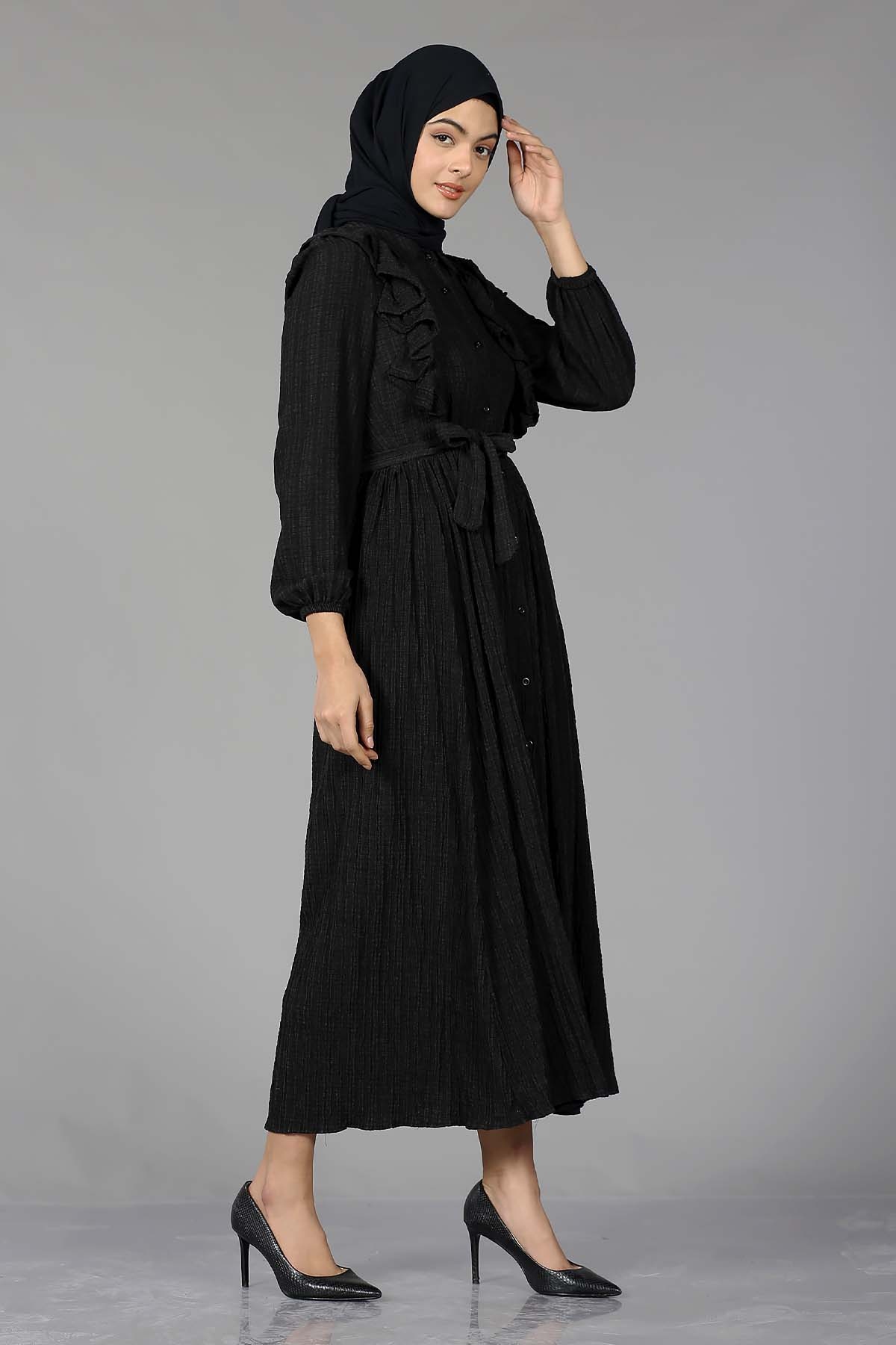 1667 Elbise 38-44 Firfir - Siyah - 3