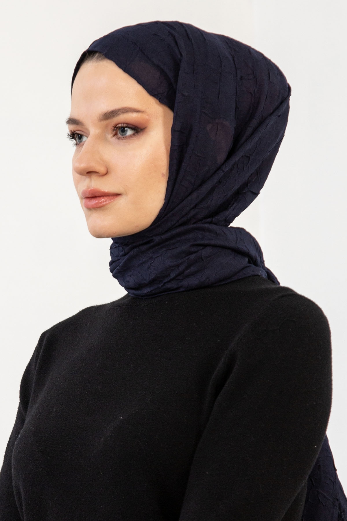 17114 Kraşli Bambu şal - Lacivert - 2