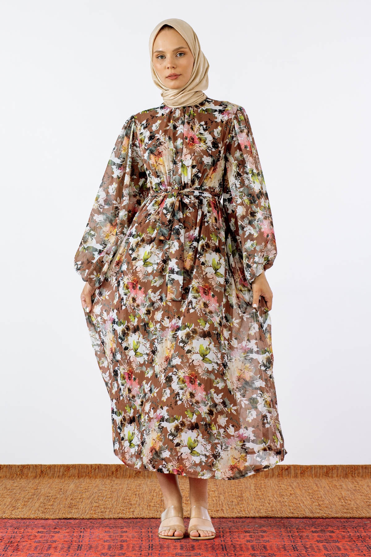 1713 şifon Elbise S-xl - Kahve - 1