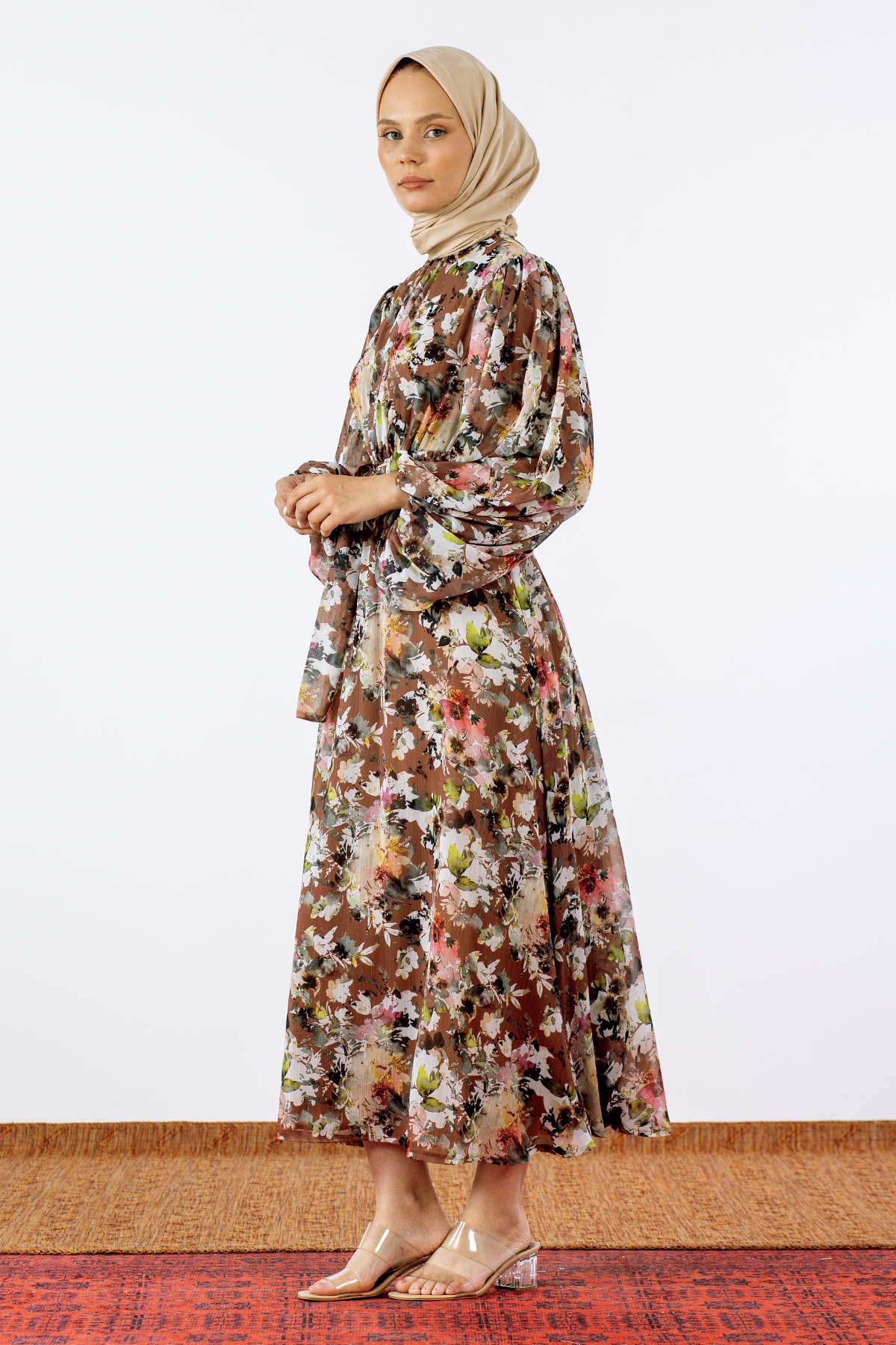 1713 şifon Elbise S-xl - Kahve - 2