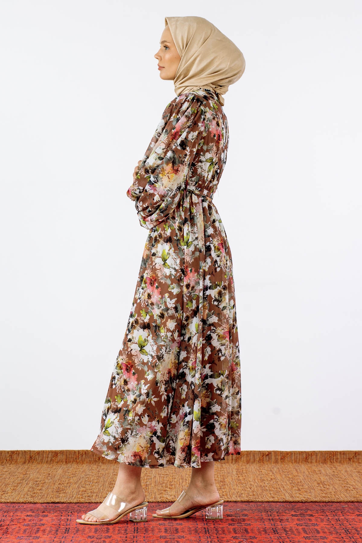 1713 şifon Elbise S-xl - Kahve - 3