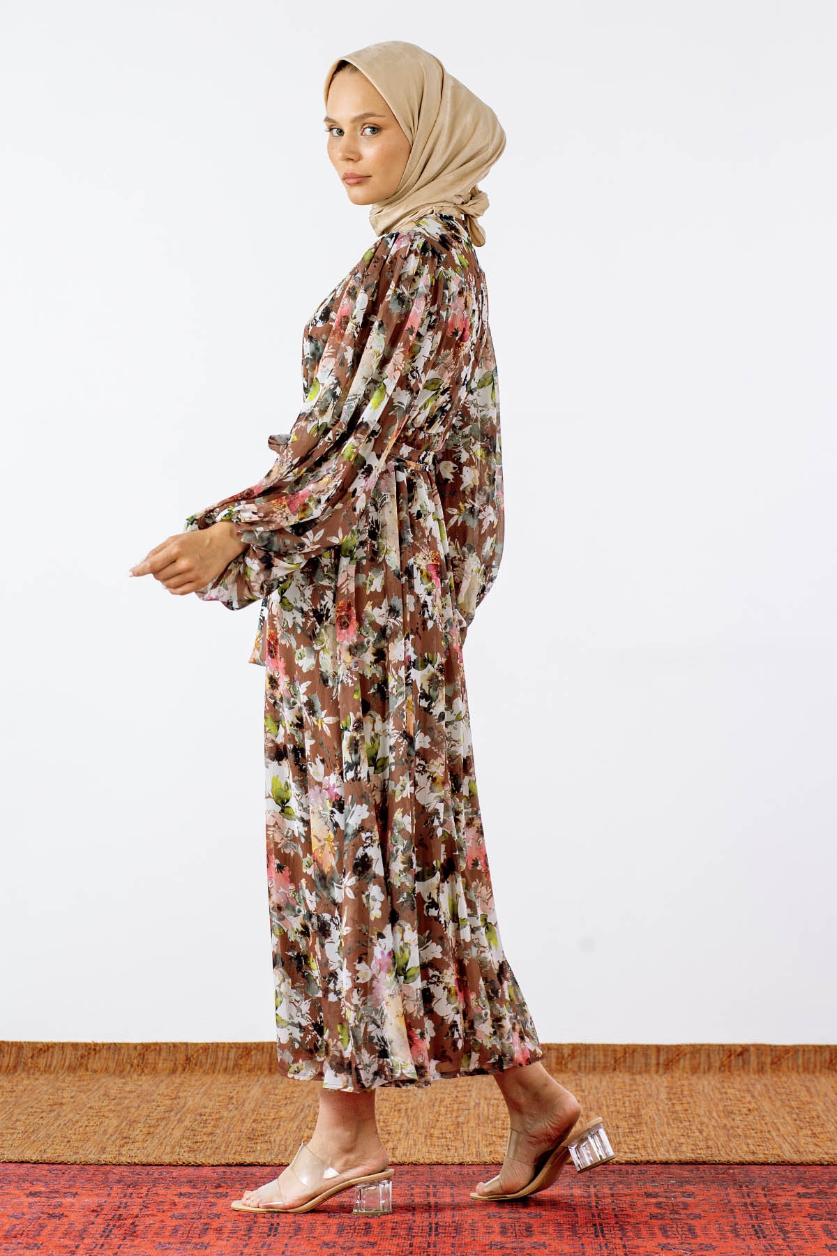 1713 şifon Elbise S-xl - Kahve - 4