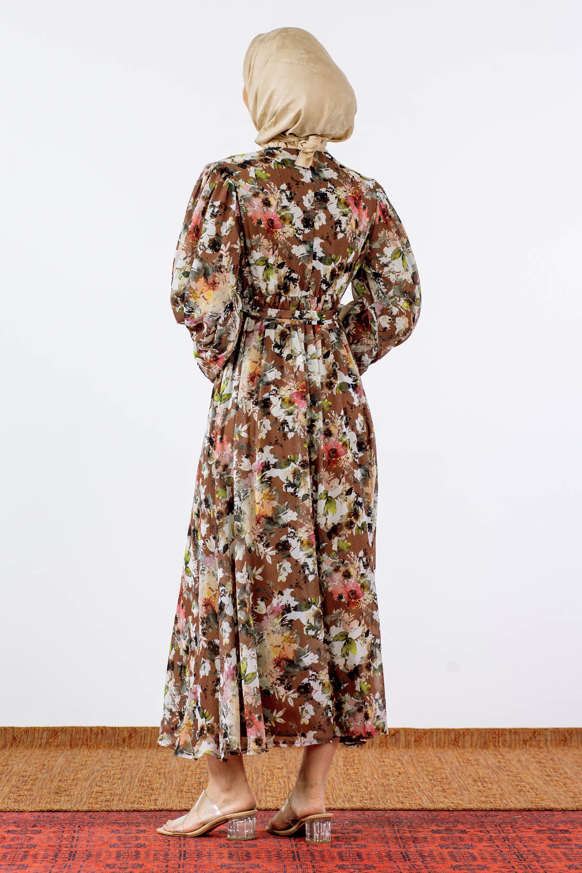 1713 şifon Elbise S-xl - Kahve - 5