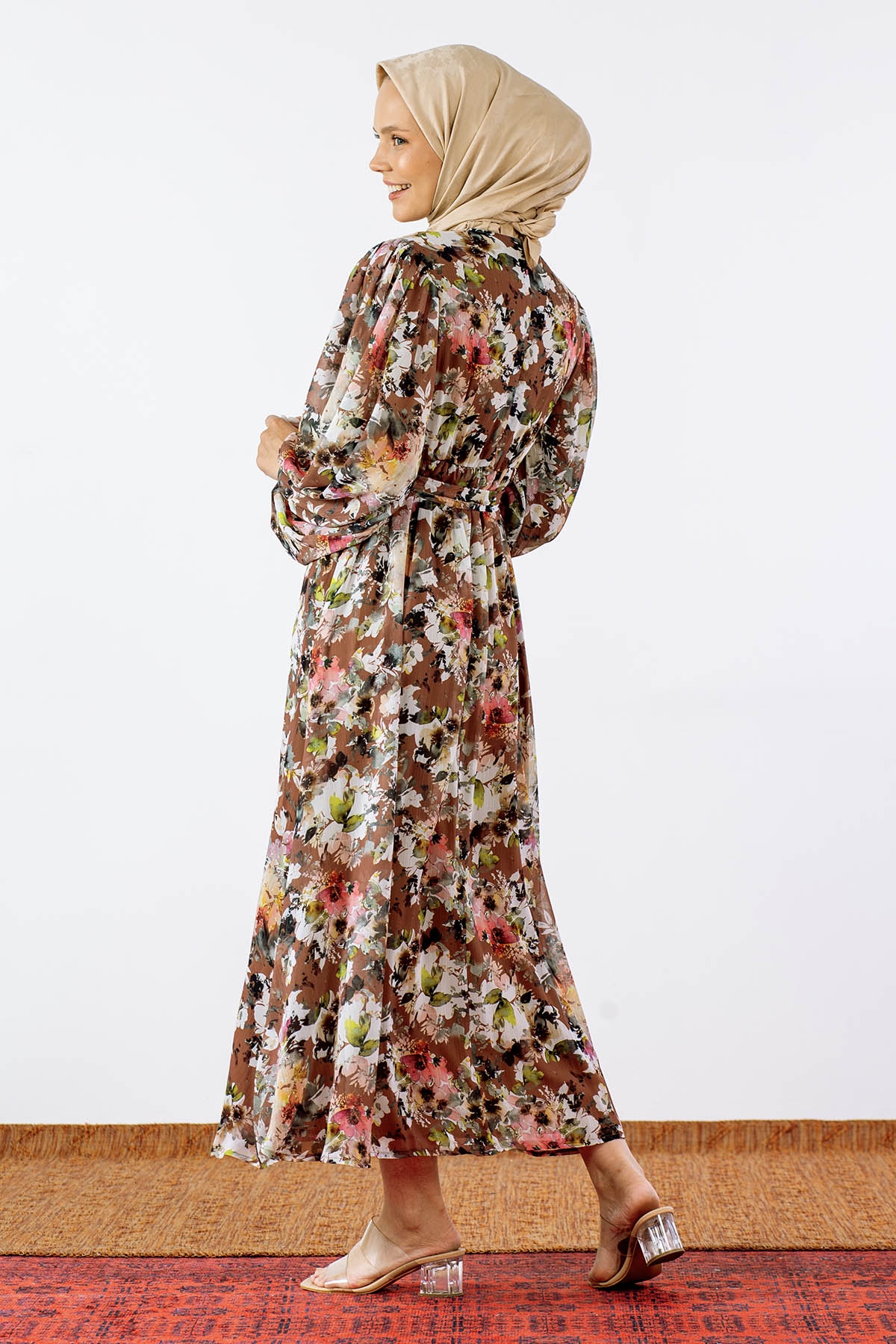 1713 şifon Elbise S-xl - Kahve - 6