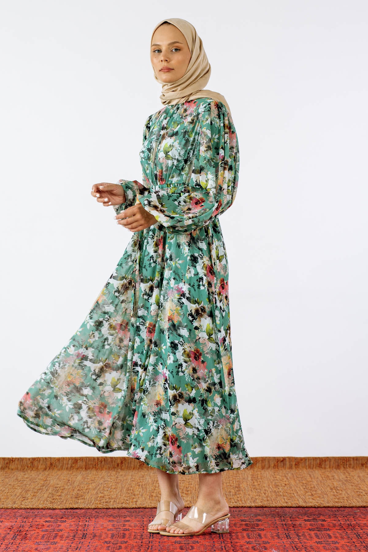 1713 şifon Elbise S-xl - Yesil - 1