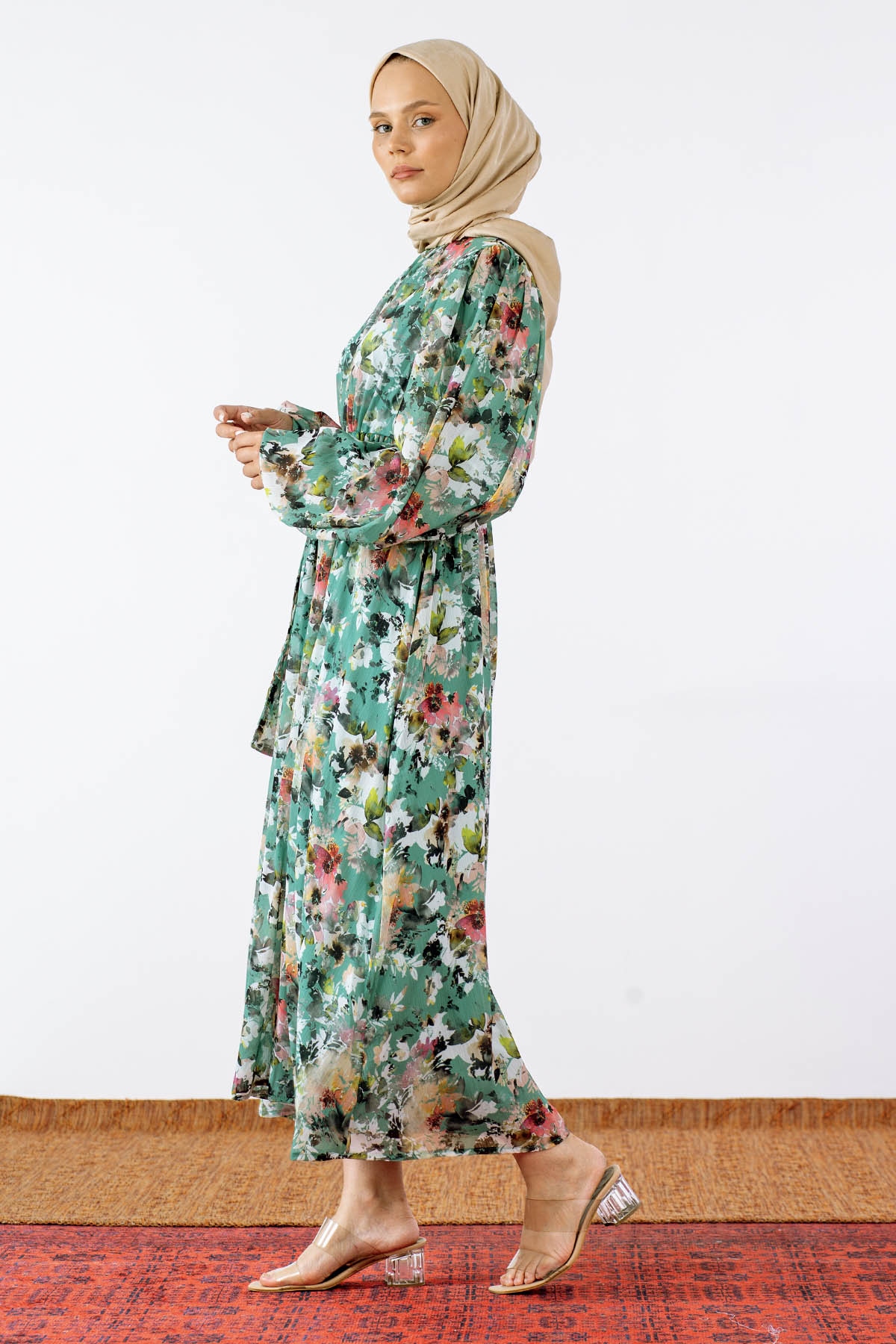 1713 şifon Elbise S-xl - Yesil - 2