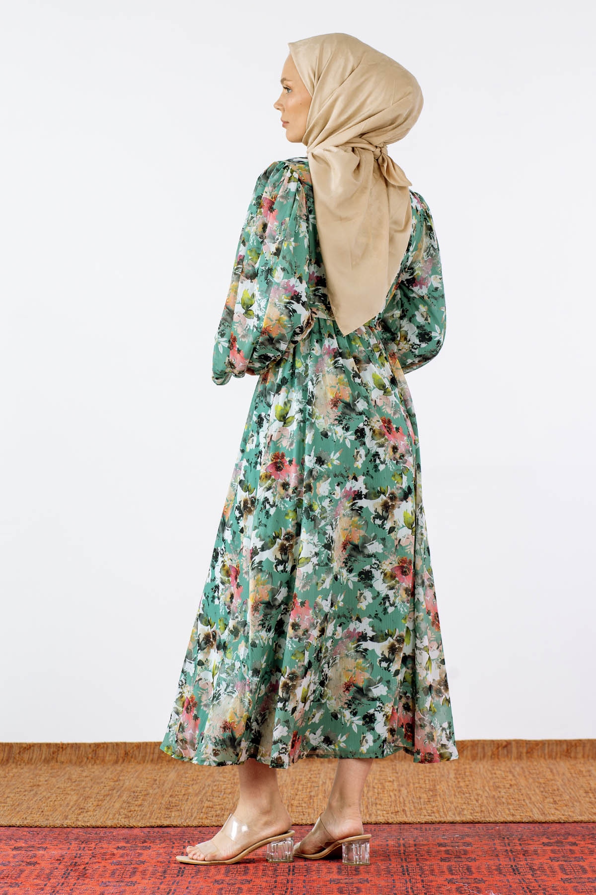 1713 şifon Elbise S-xl - Yesil - 3