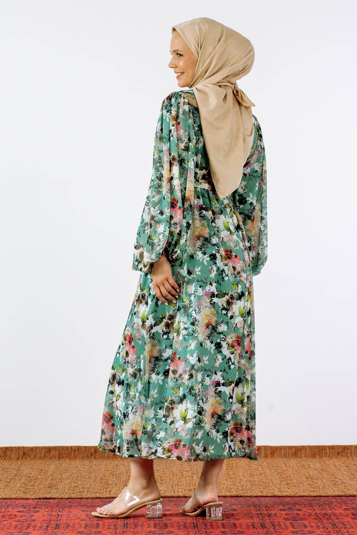 1713 şifon Elbise S-xl - Yesil - 4