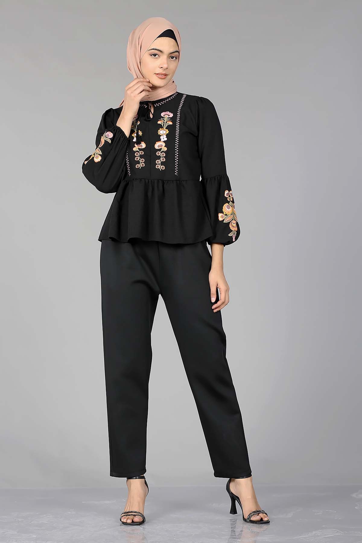 1736 Bluz 38-44 ççk Nkş - Siyah - 2