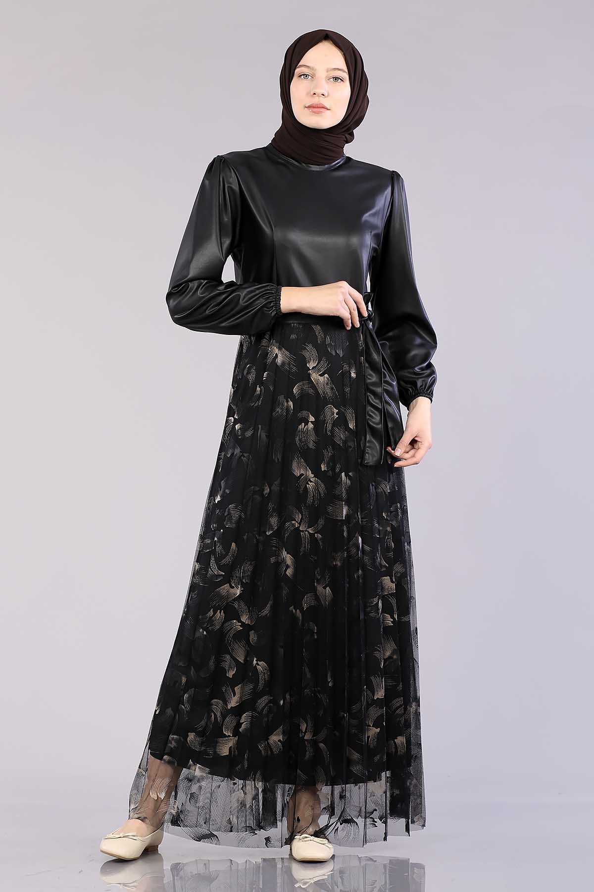 20800 Elbise 38-48 Deri Garni - Siyah_gold - 1