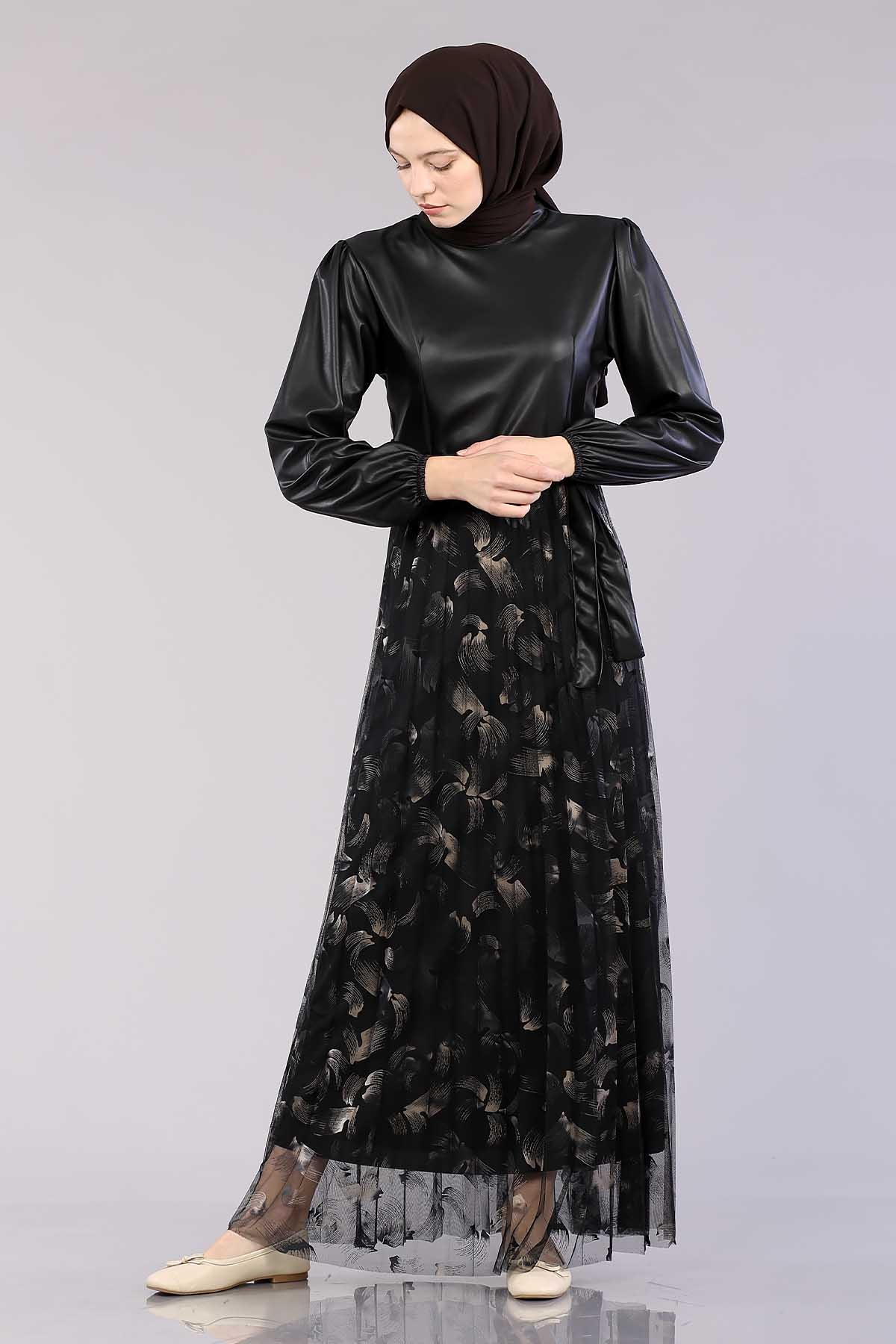 20800 Elbise 38-48 Deri Garni - Siyah_gold - 2