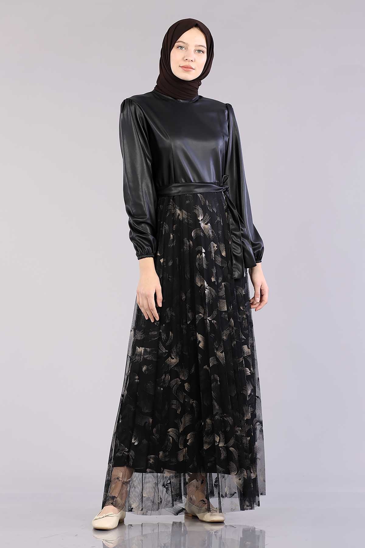 20800 Elbise 38-48 Deri Garni - Siyah_gold - 3