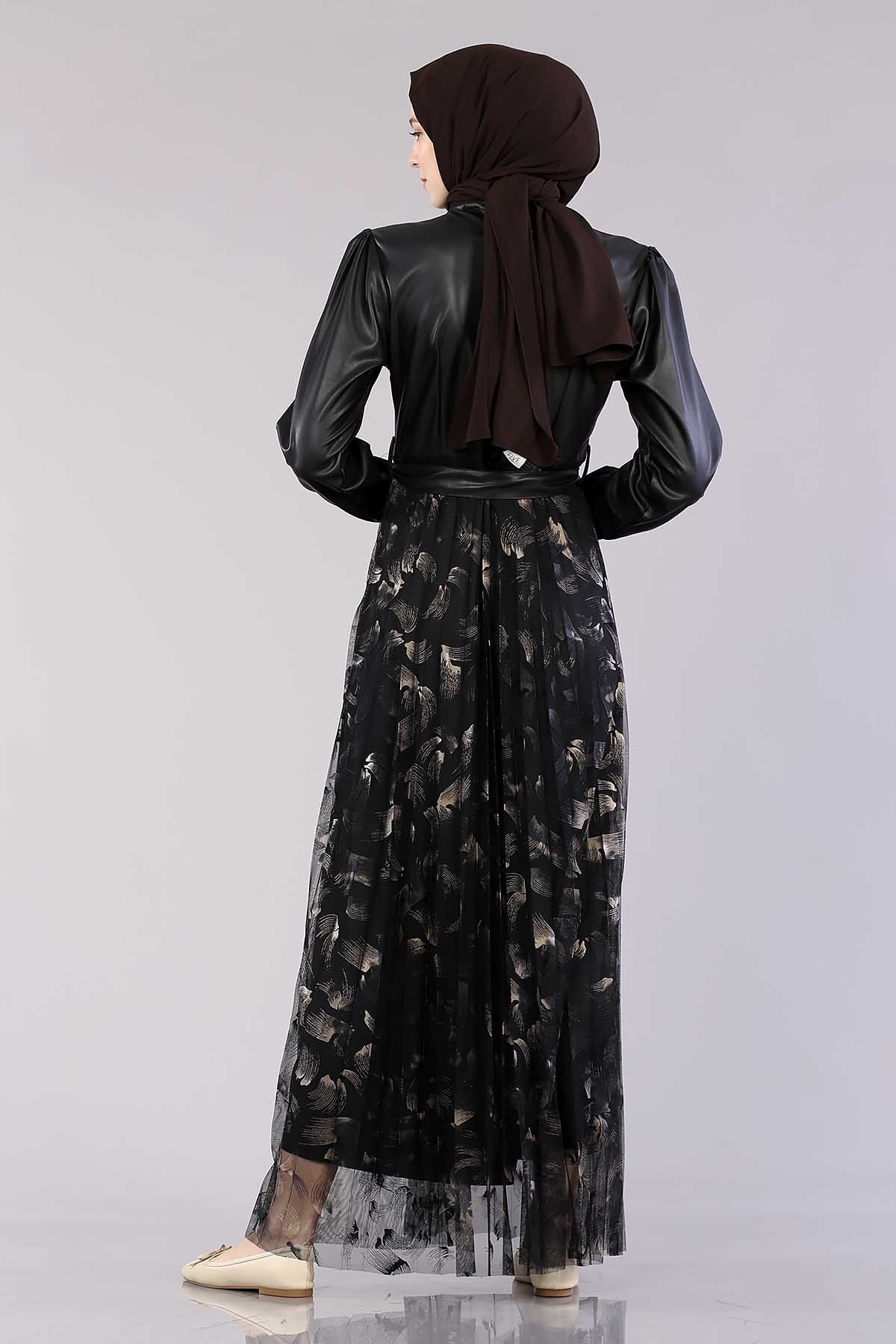 20800 Elbise 38-48 Deri Garni - Siyah_gold - 4