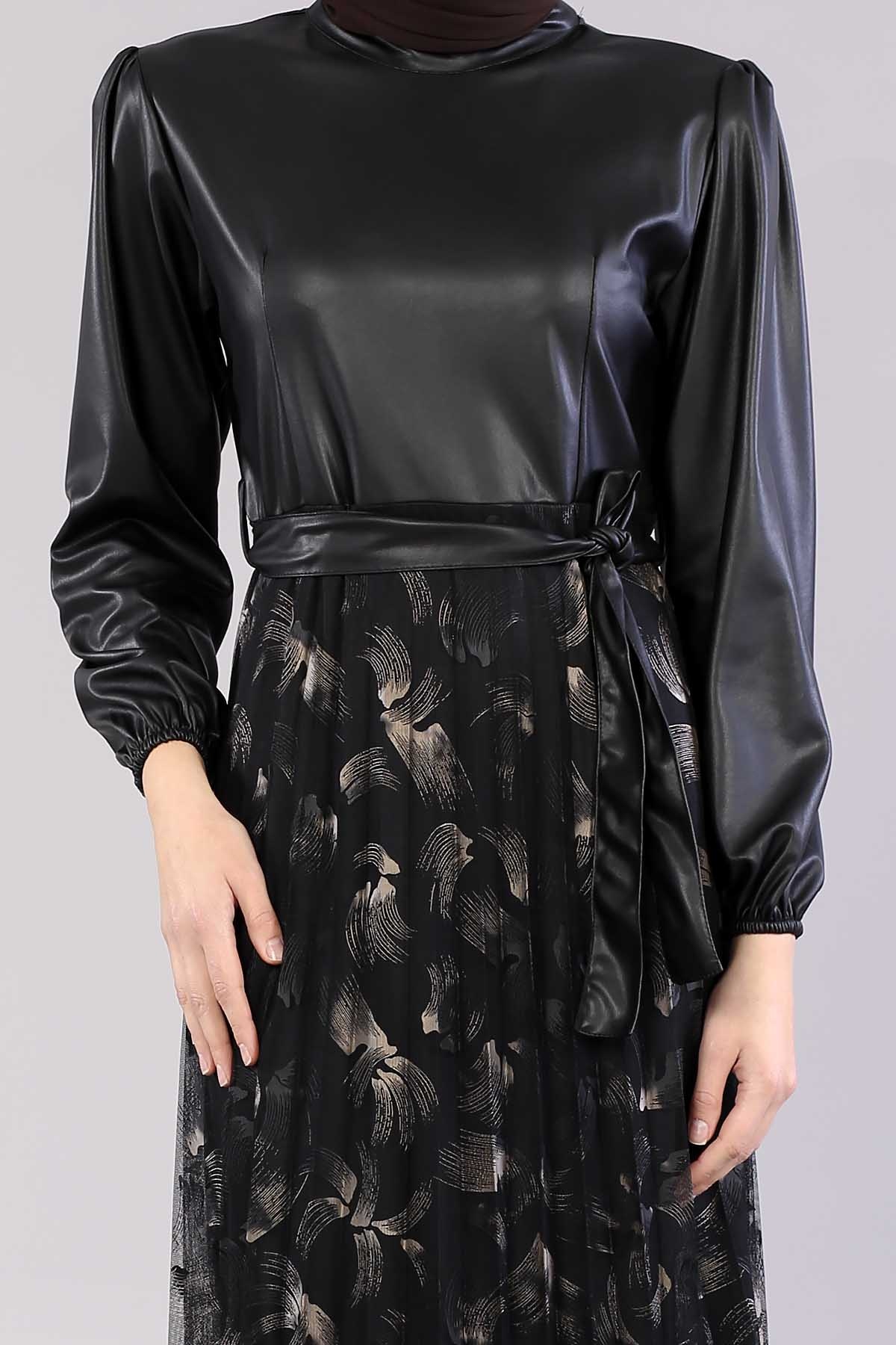 20800 Elbise 38-48 Deri Garni - Siyah_gold - 5