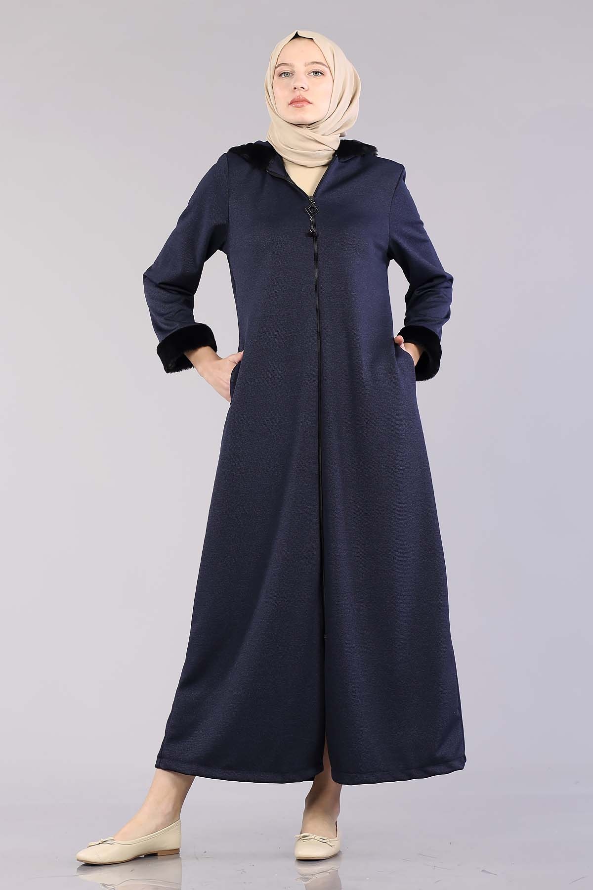 2141 Kapşonlu Ferace 40-50 - Lacivert - 1