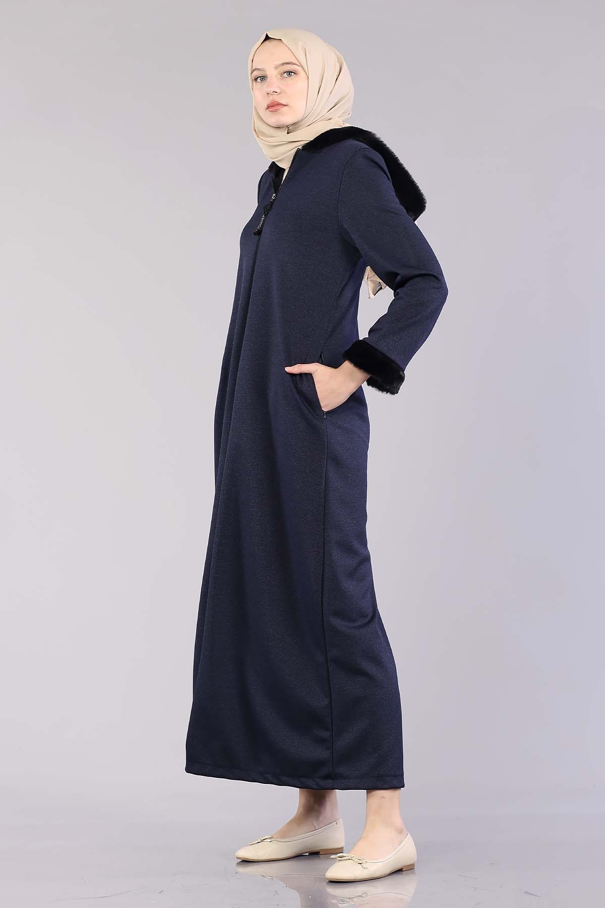 2141 Kapşonlu Ferace 40-50 - Lacivert - 2