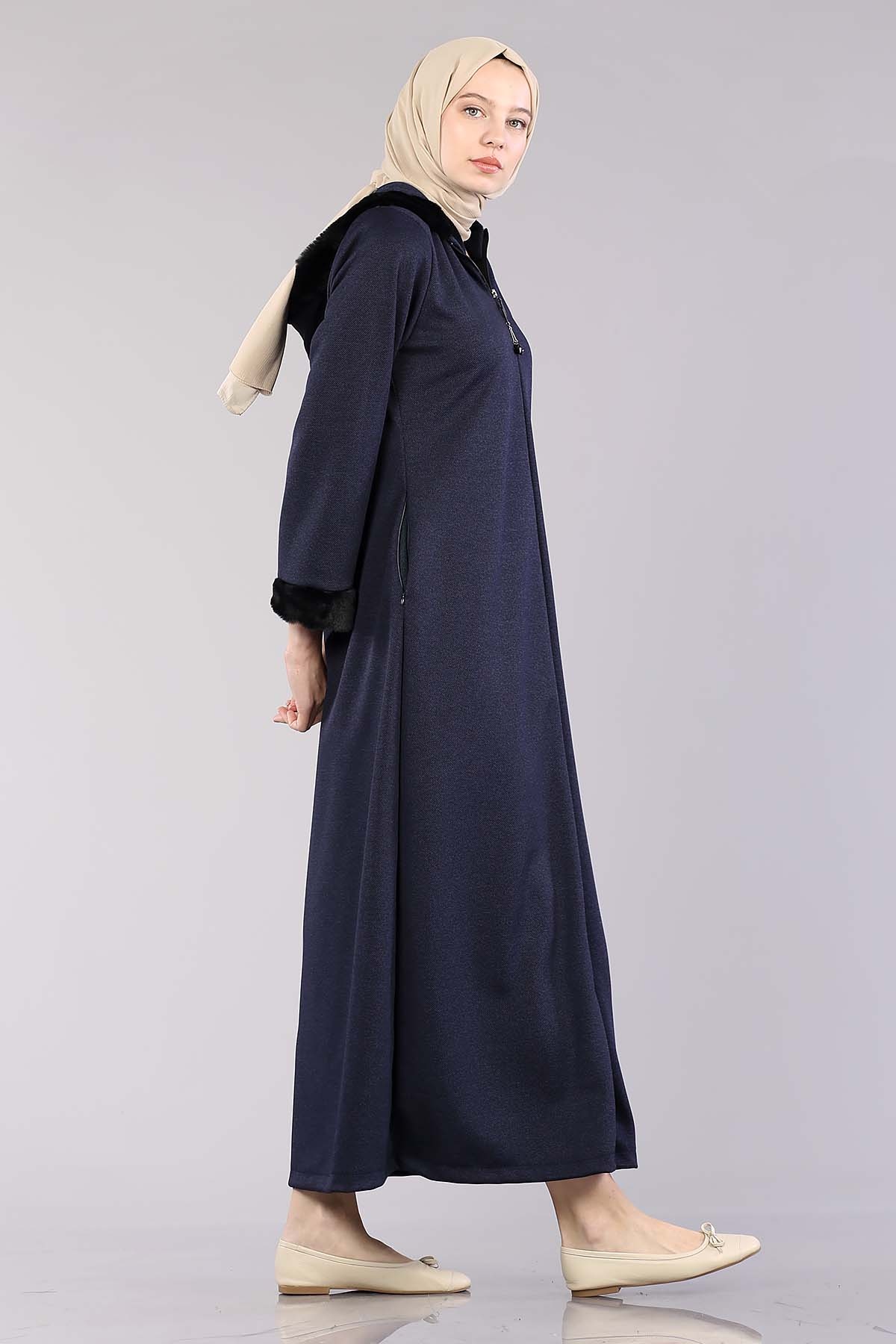 2141 Kapşonlu Ferace 40-50 - Lacivert - 3