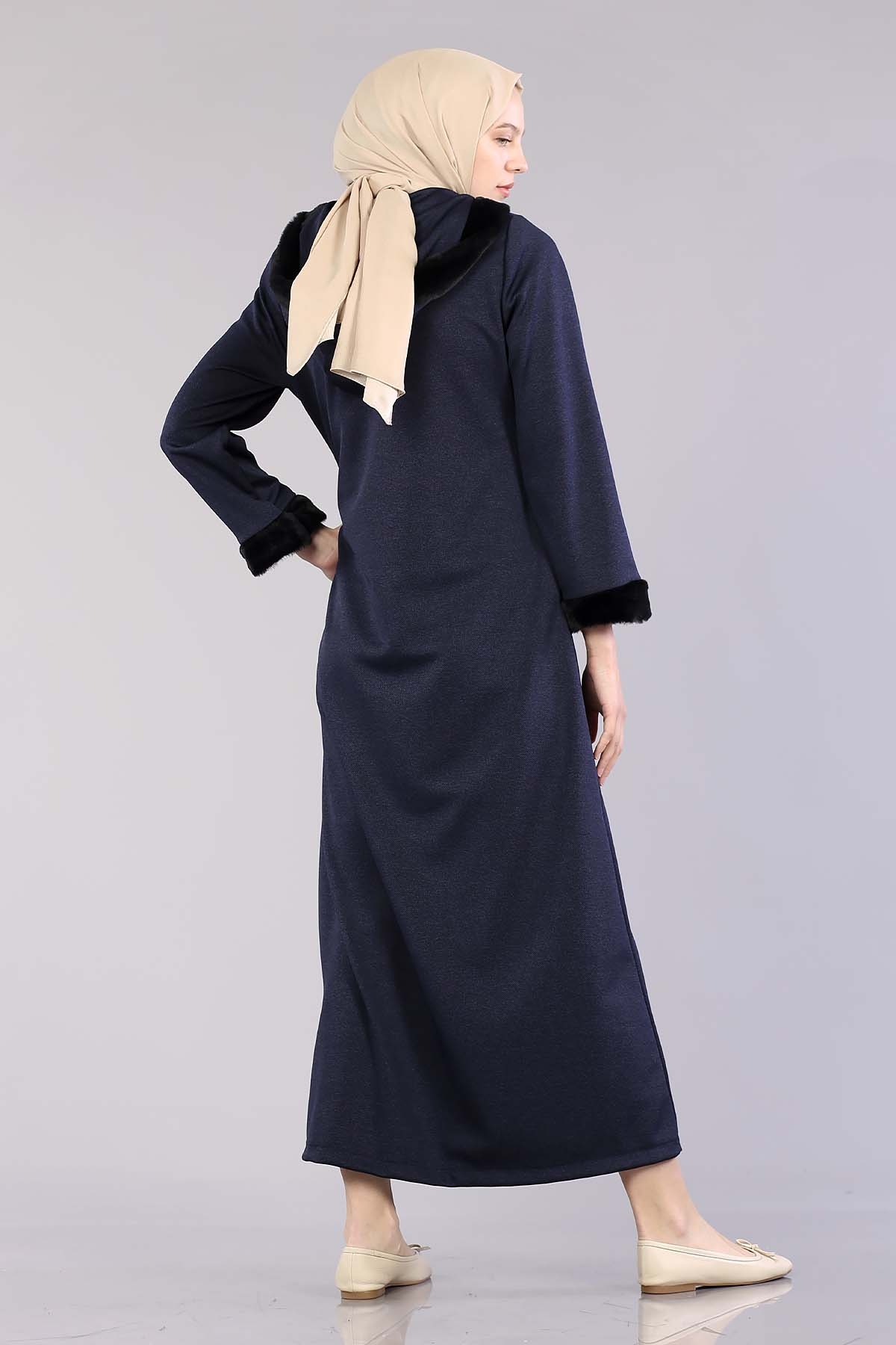 2141 Kapşonlu Ferace 40-50 - Lacivert - 4