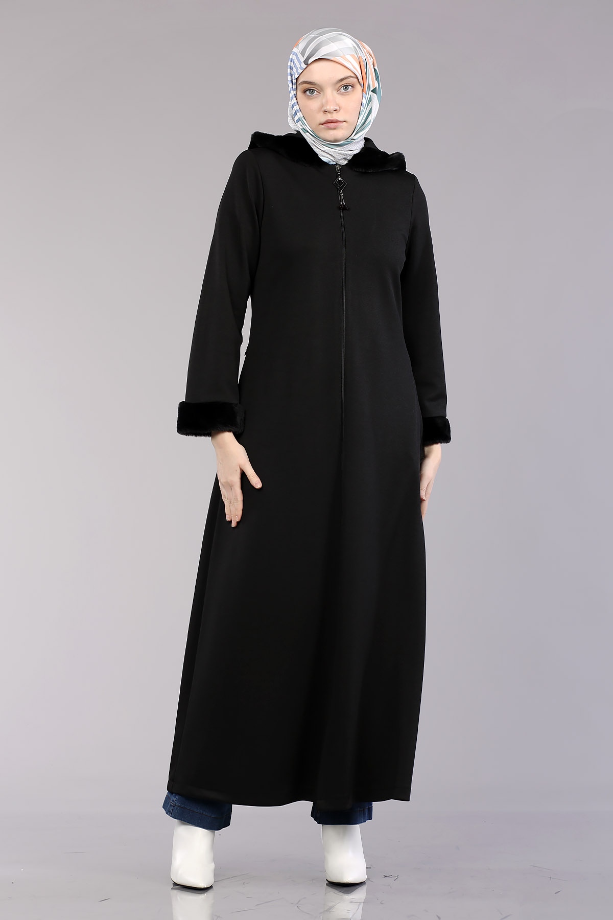 2141 Kapşonlu Ferace 40-50 - Siyah - 1