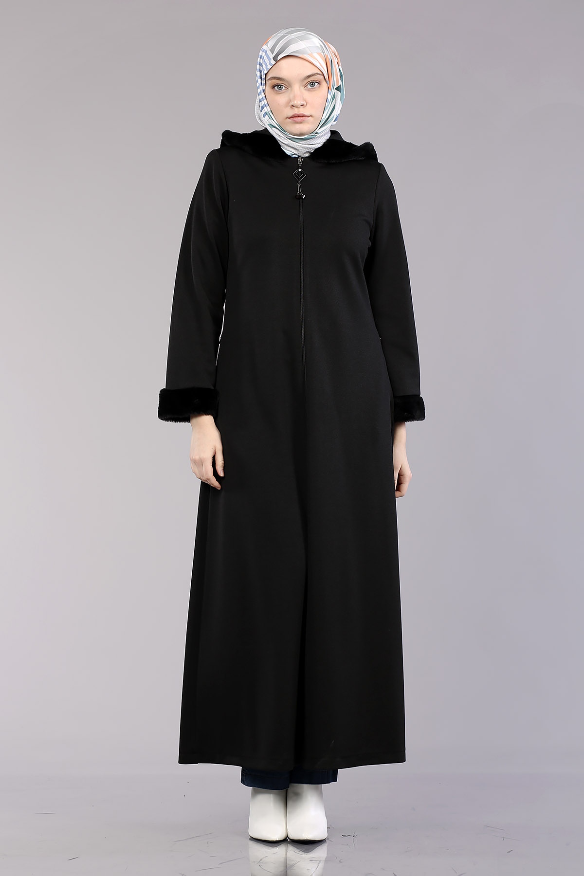 2141 Kapşonlu Ferace 40-50 - Siyah - 2