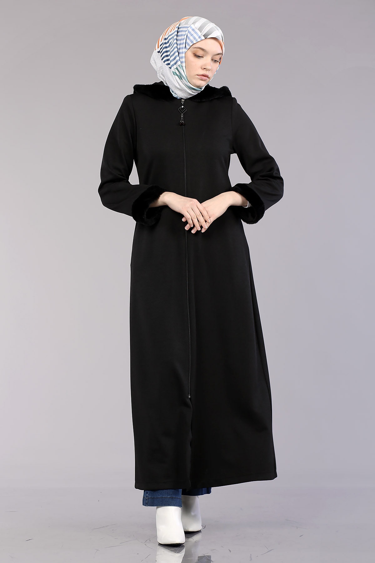 2141 Kapşonlu Ferace 40-50 - Siyah - 3