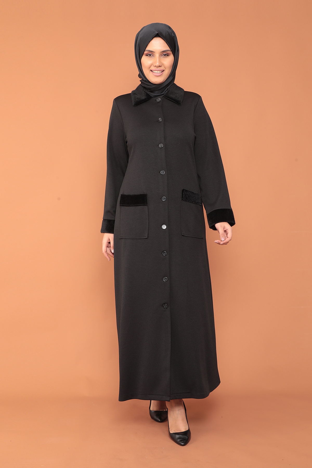 2153 Kürklü Ferace 44-54 - Siyah - 2