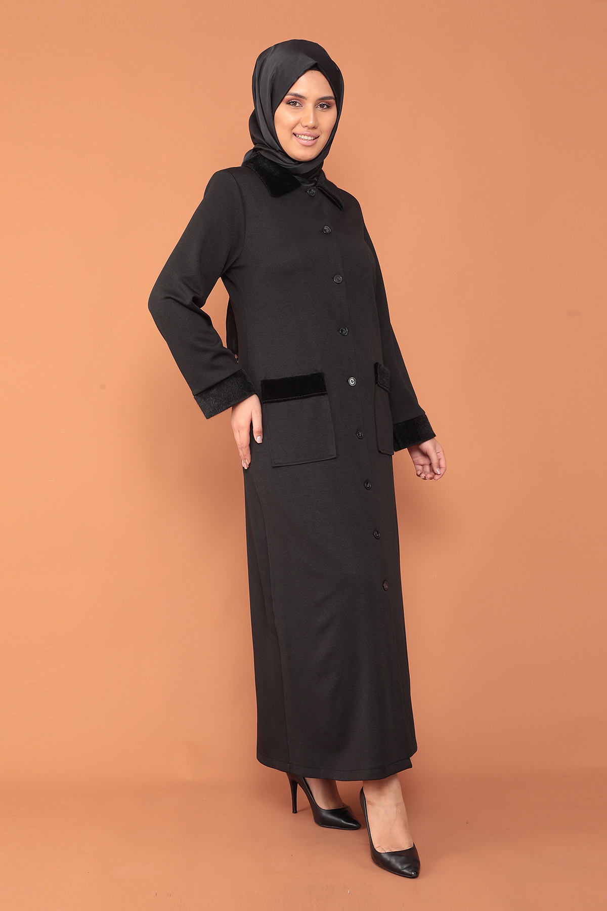 2153 Kürklü Ferace 44-54 - Siyah - 3