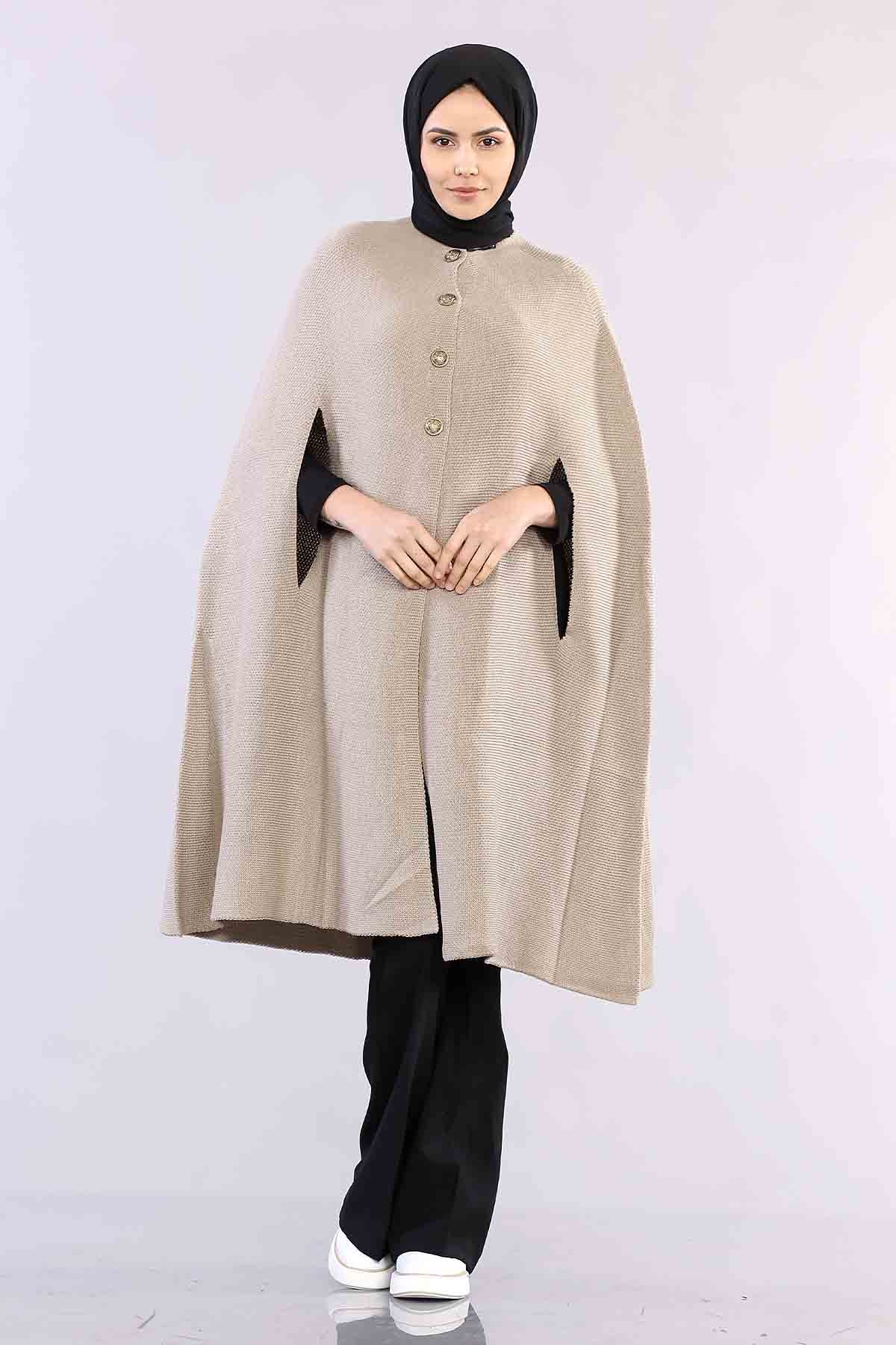 2188 Düğmeli Pelerin Tek - Bej - 1