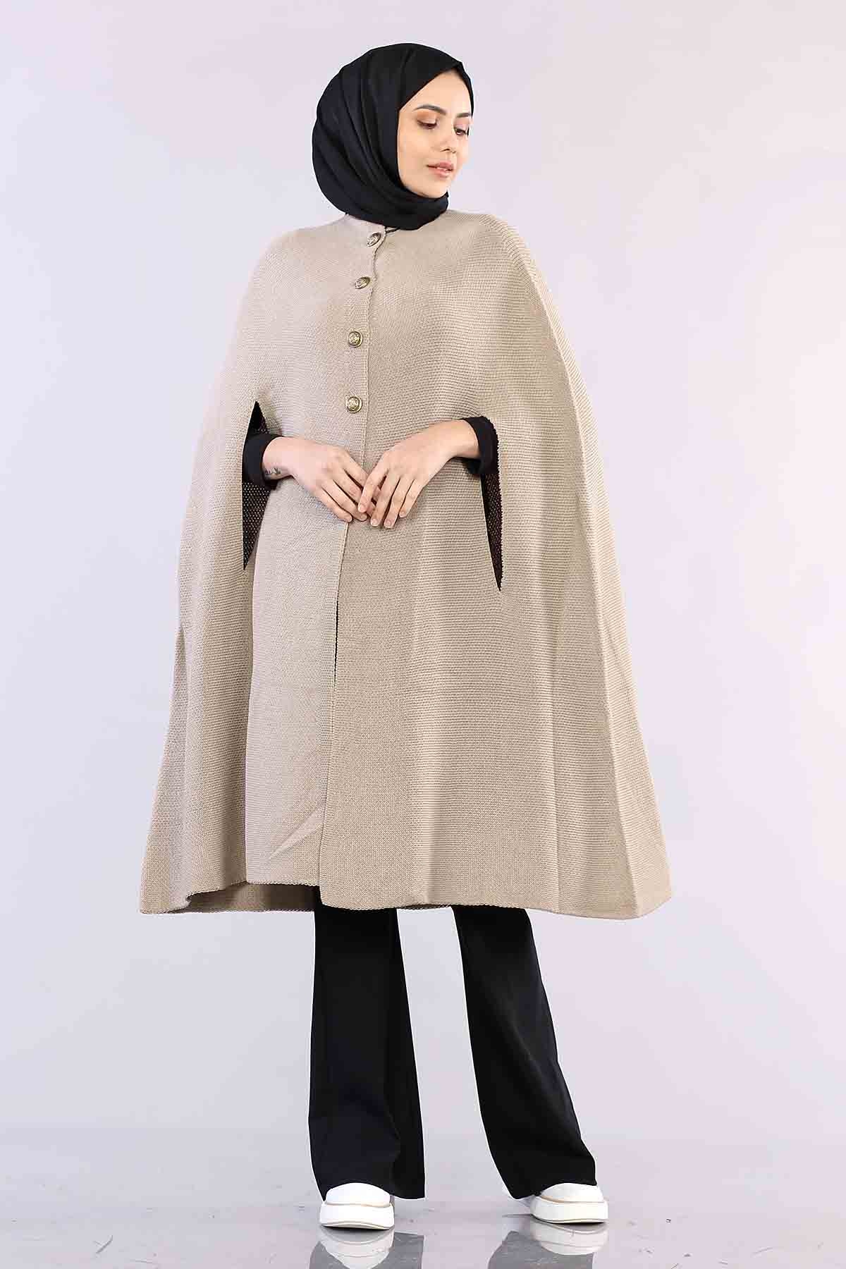 2188 Düğmeli Pelerin Tek - Bej - 3