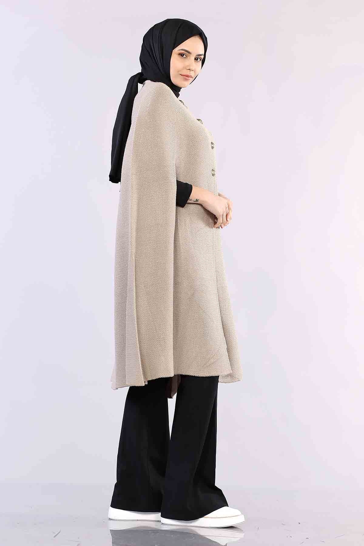 2188 Düğmeli Pelerin Tek - Bej - 4