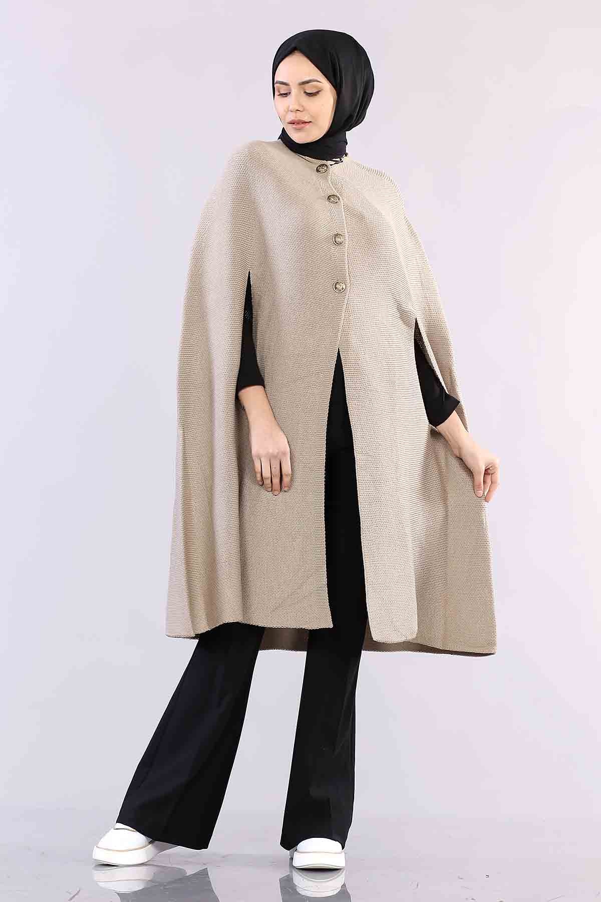 2188 Düğmeli Pelerin Tek - Bej - 5