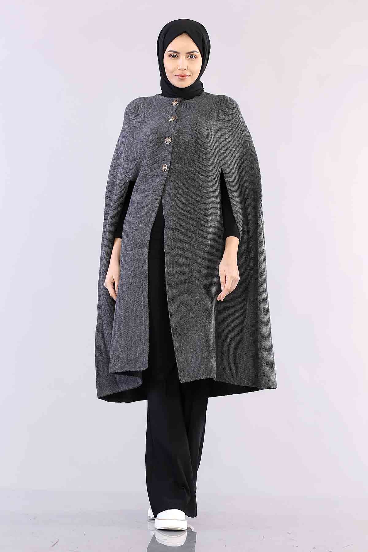 2188 Düğmeli Pelerin Tek - Gri - 1