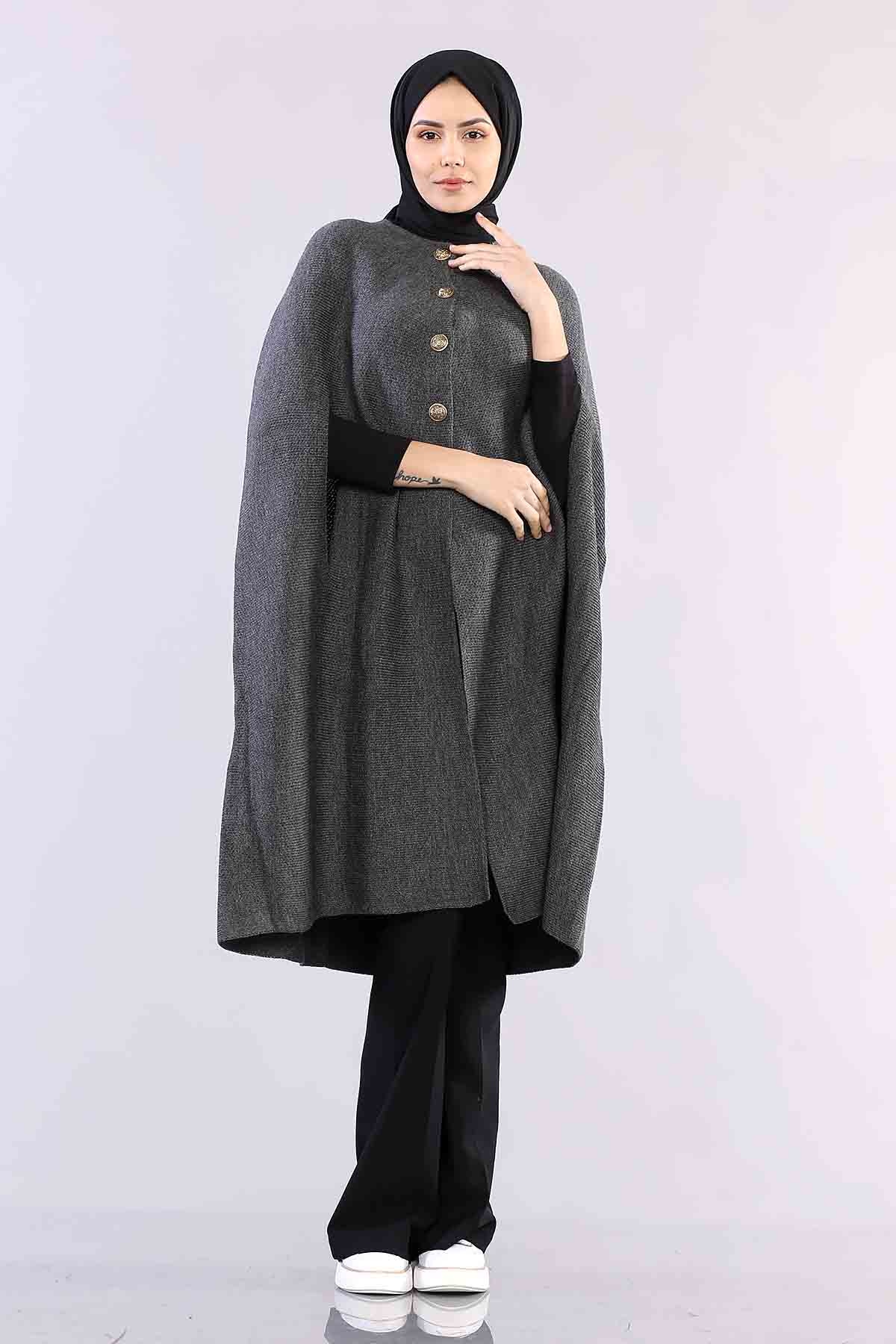 2188 Düğmeli Pelerin Tek - Gri - 2