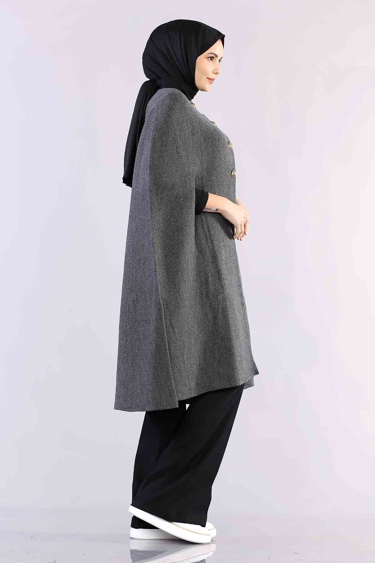 2188 Düğmeli Pelerin Tek - Gri - 3