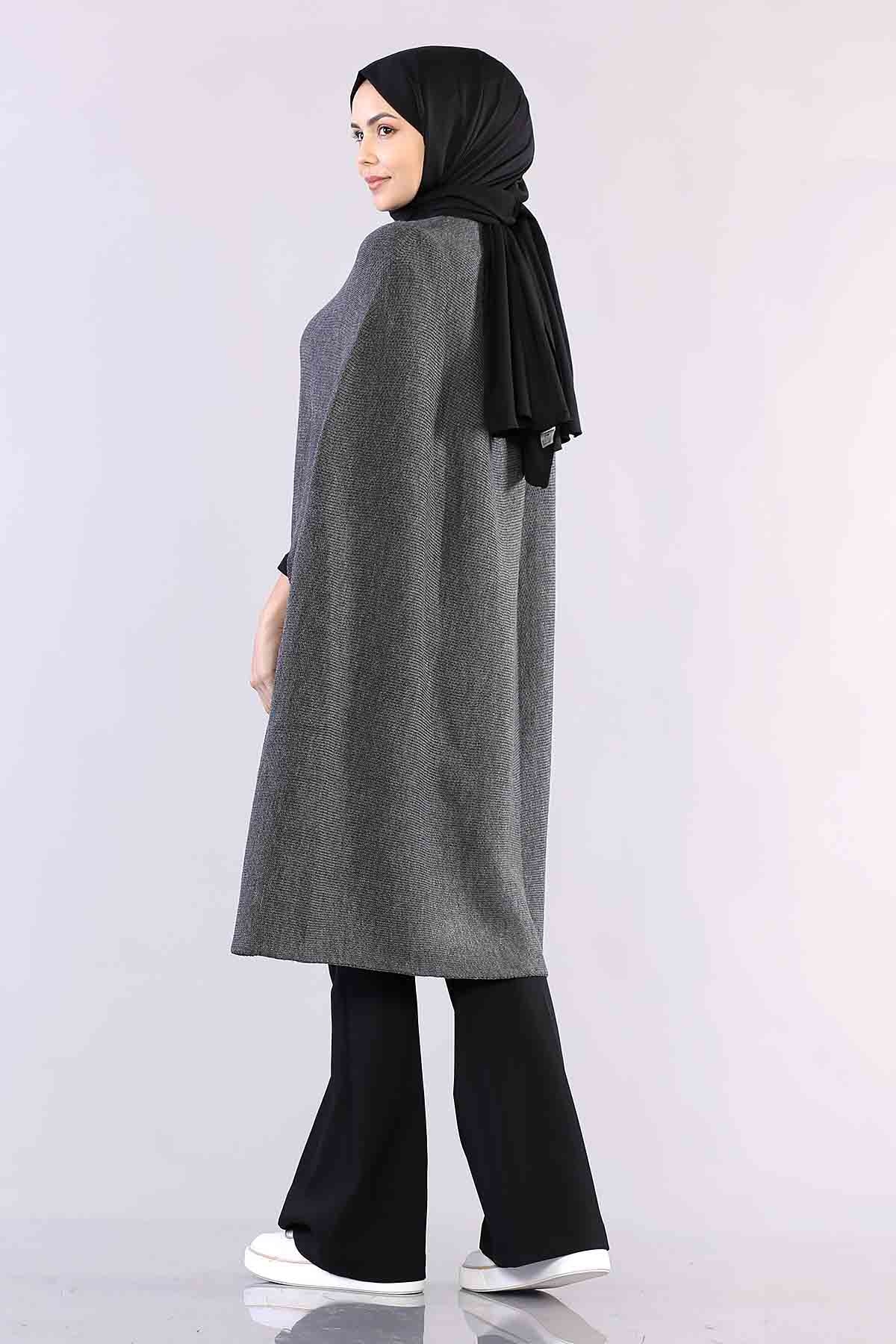 2188 Düğmeli Pelerin Tek - Gri - 4