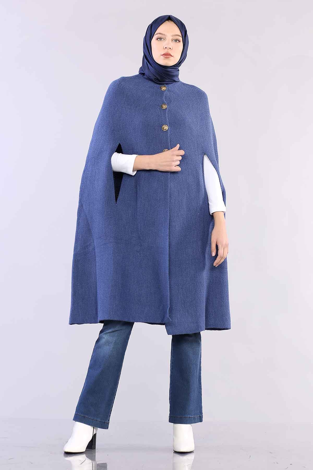 2188 Düğmeli Pelerin Tek - Indigo - 1