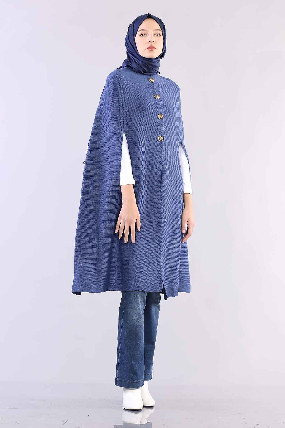 2188 Düğmeli Pelerin Tek - Indigo - 2