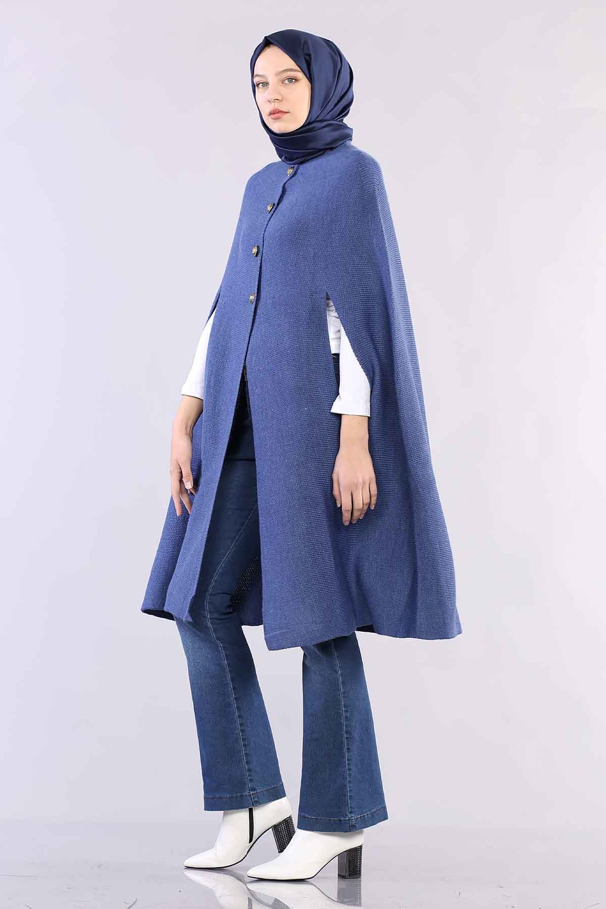 2188 Düğmeli Pelerin Tek - Indigo - 3