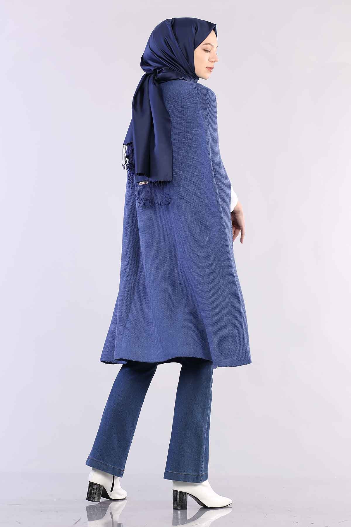 2188 Düğmeli Pelerin Tek - Indigo - 4